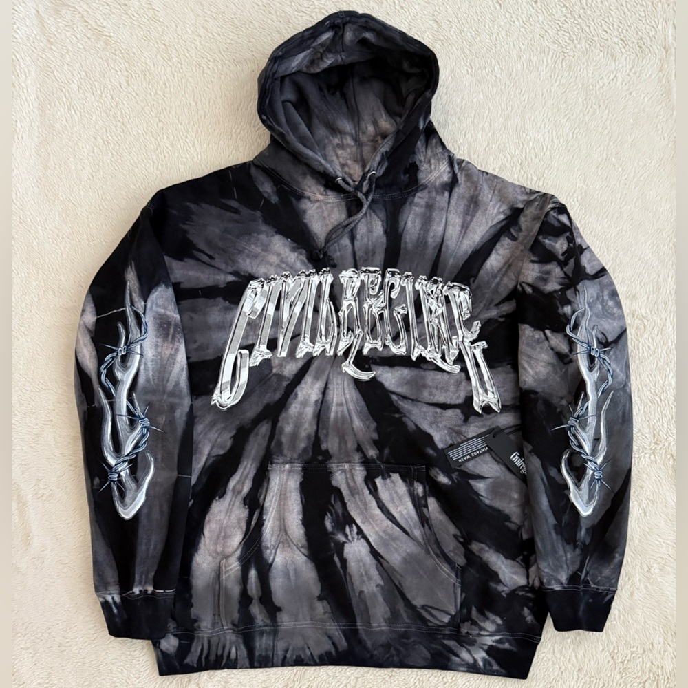 Men’s Civil Regime Hoodie, Vintage Wash, Black Gray Tie Die, Size Large, NWT